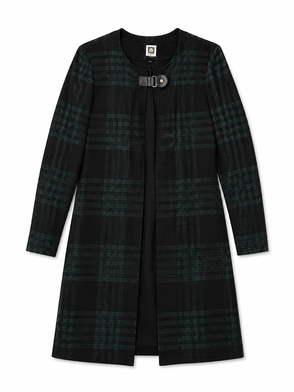 Anne Klein Black and Dark Green Plaid Long Sleeve Coat Dress